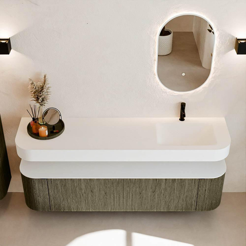 MONDIAZ THOR Meuble de salle de bains 180cm arrondi gauche + droite couleur Shadow avec 2 tiroirs et 2 portes. Vasque suspendue CLOUD Droite 1 trou de robinet couleur Talc. SW1466054