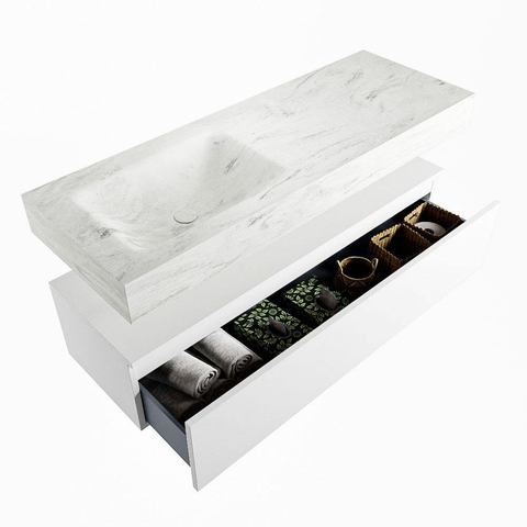 Mondiaz ALAN-DLUX Ensemble de meuble - 130cm - meuble Talc mat - 1 tiroir - Lavabo Cloud Opalo suspendu - vasque Gauche - 0 trous de robinet SW806253