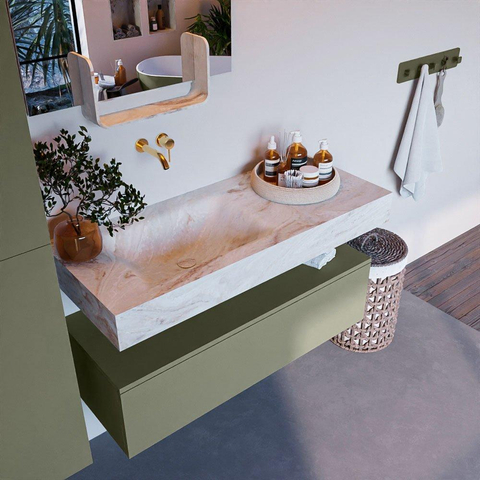Mondiaz ALAN-DLUX Ensemble de meuble - 110cm - meuble Army mat - 1 tiroir - Lavabo Cloud Frappe suspendu - vasque Gauche - 0 trous de robinet SW805448