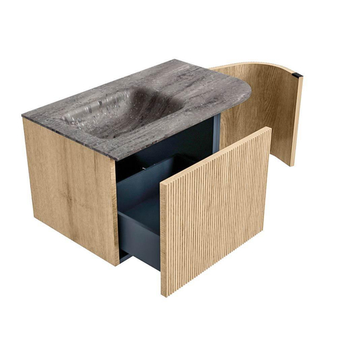 MONDIAZ KURVE-DLUX Meuble de salle de bains 75cm arrondi à droite couleur Oak avec 1 tiroir et 1 porte. Lavabo GRUNNE à gauche 1 trou de robinet Oza. SW1432612