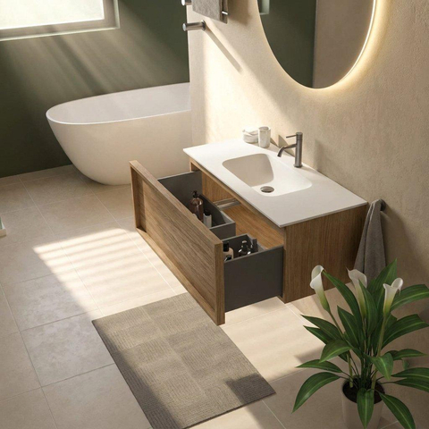 Saniclass Holz Frame Badkamermeubelset - 100x45x41.5cm - Flow solid surface wastafel wit - 1 wasbak - 1 kraangat - 1 lade - mat eiken natural (hout) SW1479074