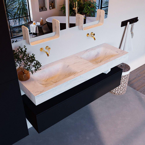 Mondiaz ALAN-DLUX Ensemble de meuble - 150cm - meuble Urban mat - 1 tiroir - Lavabo Cloud Opalo suspendu - vasque Gauche et droite - 0 trous de robinet SW806327