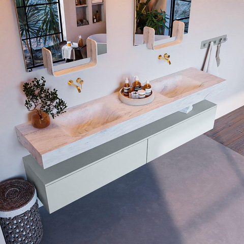 Mondiaz ALAN-DLUX Ensemble de meuble - 200cm - meuble Clay mat - 2 tiroirs - Lavabo Cloud Opalo suspendu - vasque Gauche et droite - 0 trous de robinet SW807124