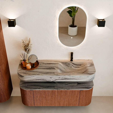MONDIAZ THOR-DLUX 130cm meuble de salle de bains arrondi gauche + droite couleur Ruby avec 1 tiroir et 2 portes. Vasque suspendue CLOUD droite 1 trou de robinet couleur Sombra. SW1464135