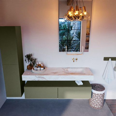 Mondiaz ALAN-DLUX Ensemble de meuble - 150cm - meuble Army mat - 2 tiroirs - Lavabo Cloud Frappe suspendu - vasque Droite - 0 trous de robinet SW805660