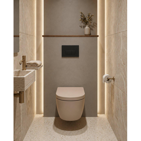 QeramiQ Dely Swirl Pack WC - 36,3x51,7cm - réservoir encastré Geberit UP720 Duofix Sigma - assise de 35 mm - plaque de déclenchement anthracite mat - boutons rectangulaires - beige SW1413186