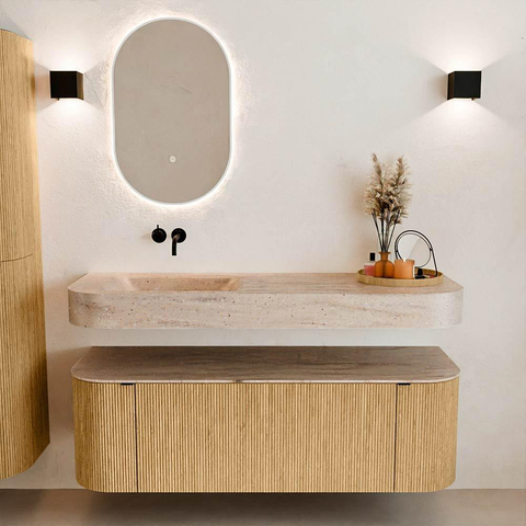 MONDIAZ THOR-DLUX 140cm badmeubel ronding links + rechts kleur Oak met 1 lade en 2 deuren. Vrijhangende wastafel CLOUD Links zonder kraangat kleur Saba. SW1464300