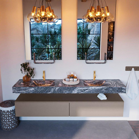 Mondiaz ALAN-DLUX Ensemble de meuble - 200cm - meuble Smoke mat - 2 tiroirs - Lavabo Cloud Lava suspendu - vasque Gauche et droite - 2 trous de robinet SW808106
