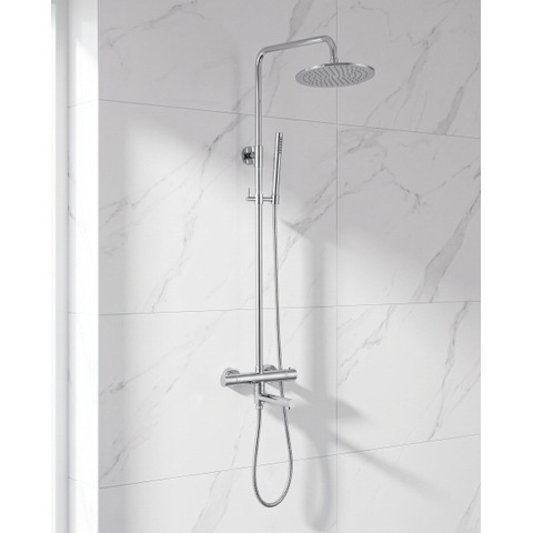 Fortifura Calvi Regendoucheset - thermostatisch - 25cm hoofddouche - metalen slang - staaf handdouche - draaibare baduitloop - chroom SW1592524