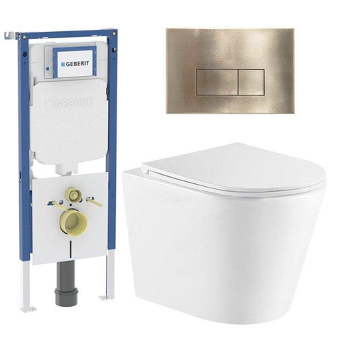 QeramiQ Dely Toiletset - 36.3x51.7cm - diepspoel - rimless - Geberit UP720 inbouwreservoir - softclose toiletzitting - geborsteld messing bedieningsplaat - rechtehoekige knoppen - met Burda frame - mat wit SW1428592