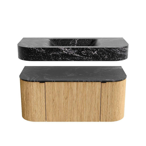 MONDIAZ THOR-DLUX 100cm badmeubel ronding links + rechts kleur Oak met 1 lade en 2 deuren. Vrijhangende wastafel CLOUD Midden zonder kraangat kleur Lava. SW1467315