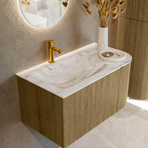 Mondiaz KURVE-DLUX Ensemble meuble de salle de bains - 85x46x40cm - 1 tiroir - 1 porte - lavabo solid surface - gauche - 1 trou de robinet - Dusk SW1415458