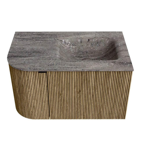 MONDIAZ KURVE-DLUX meuble de salle de bains 75cm arrondi gauche couleur Dusk avec 1 tiroir et 1 porte. Lavabo GRUNNE droit sans trou de robinet Oza. SW1432945
