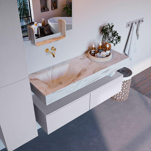 Mondiaz ALAN-DLUX Ensemble de meuble - 130cm - meuble Cale mat - 2 tiroirs - Lavabo Cloud Frappe suspendu - vasque Gauche - 0 trous de robinet SW805260