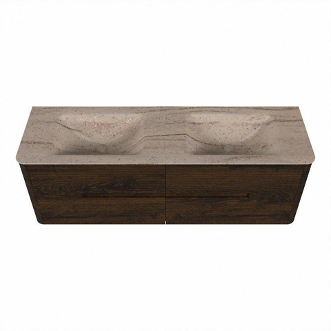 Mondiaz CIRO-DLUX Badkamermeubelset - 150x45x50cm - Solid surface wastafel Saba - 2 wasbak Dubbel - 2 kraangaten - 4 lades - Walnut SW1530692