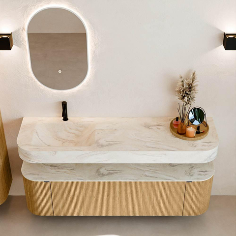 MONDIAZ THOR-DLUX 160cm badmeubel ronding links + rechts kleur Oak met 1 lade en 2 deuren. Vrijhangende wastafel CLOUD Links 1 kraangat kleur Ostra. SW1464983