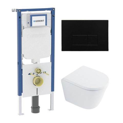QeramiQ Dely Toiletset - 36.3x51.7cm - diepspoel - rimless - Geberit UP720 inbouwreservoir - softclose toilet zitting - 35mm - metaal mat zwart bedieningsplaat - rechthoekige knoppen - met Burda frame - glans wit (zwart) SW1428160