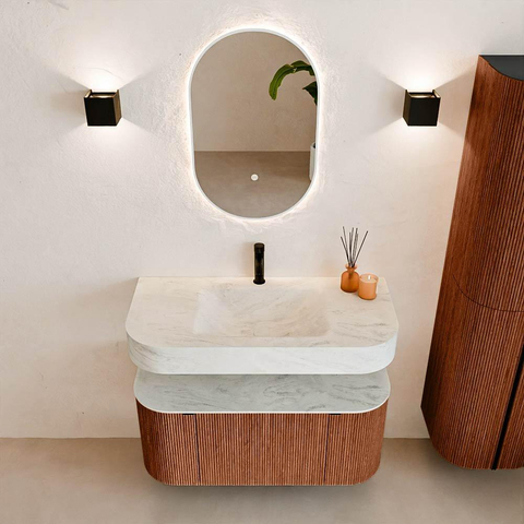 MONDIAZ THOR-DLUX 100cm meuble de salle de bains arrondi gauche + droite couleur Ruby avec 1 tiroir et 2 portes. Vasque suspendue CLOUD Milieu 1 trou de robinet couleur Opalo. SW1467419