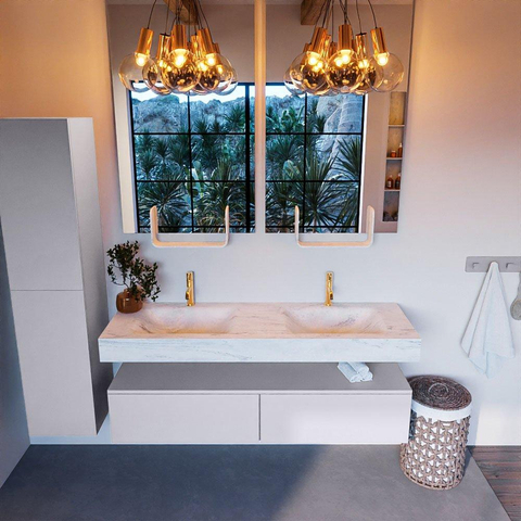 Mondiaz ALAN-DLUX Ensemble de meuble - 150cm - meuble Cale mat - 2 tiroirs - Lavabo Cloud Opalo suspendu - vasque Gauche et droite - 2 trous de robinet SW806686