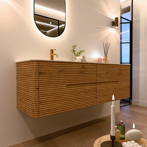 Mondiaz CIRO-DLUX Badkamermeubelset - 160x45x50cm - Solid surface wastafel Ostra - 1 wasbak Links - 1 kraangat - 4 lades - Oak SW1530965