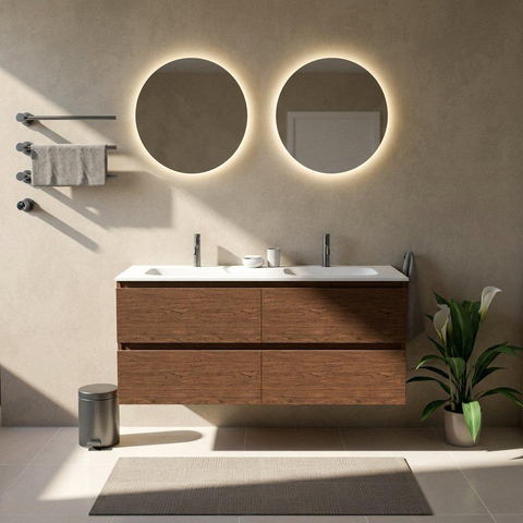 Saniclass Holz Pure Badkamermeubelset - 140x45x61.5cm - Flow solid surface wastafel wit - 2 wasbakken - 2 kraangaten - 4 lades - mat walnut pure (hout) SW1478444