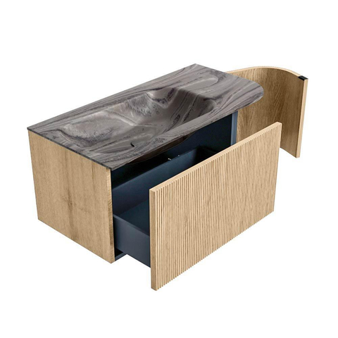 MONDIAZ KURVE-DLUX 95cm badmeubel ronding Rechts kleur Oak met 1 lade en 1 deur. Wastafel BIG SMALL Links zonder kraangat Sombra. SW1433542