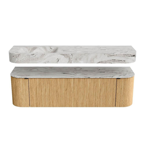 MONDIAZ THOR-DLUX 160cm badmeubel ronding links + rechts kleur Oak met 1 lade en 2 deuren. Vrijhangende wastafel CLOUD Links 1 kraangat kleur Glace. SW1464954