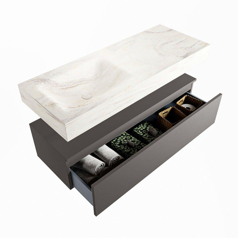 Mondiaz ALAN-DLUX Ensemble de meuble - 120cm - meuble Dark grey mat - 1 tiroir - Lavabo Cloud Ostra suspendu - vasque Gauche - 0 trous de robinet SW807087