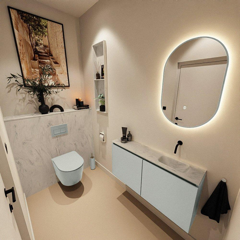 MONDIAZ TURE-DLUX meuble de toilettes 100 cm Greey. EDEN vasque Opalo position à droite. Sans trou de robinet. SW1104352