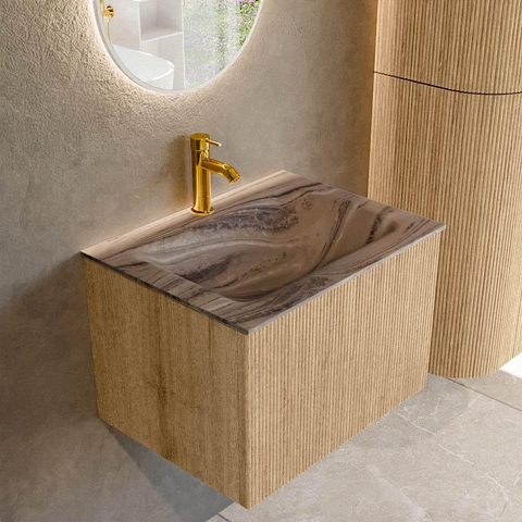 MONDIAZ KURVE-DLUX 60cm badmeubel kleur Oak met 1 lade en 0 deuren. Wastafel CLOUD Midden 1 kraangat Sombra. SW1433534