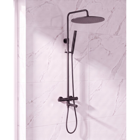 Fortifura Calvi Regendoucheset - thermostatisch - 30cm hoofddouche - gladde slang - staaf handdouche - draaibare baduitloop - mat zwart SW1592490