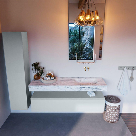 Mondiaz ALAN-DLUX Ensemble de meuble - 150cm - meuble Clay mat - 1 tiroir - Lavabo Cloud Glace suspendu - vasque Droite - 0 trous de robinet SW806206