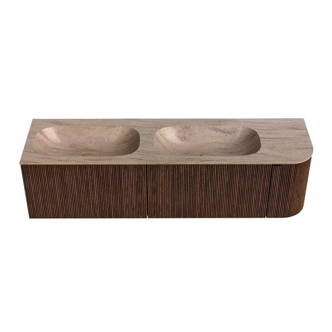 MONDIAZ KURVE-DLUX Meuble de salle de bains 165cm arrondi à droite couleur Walnut avec 2 tiroirs et 1 porte. Lavabo STOR SMALL Double / Gauche sans trou de robinet Saba. SW1433219