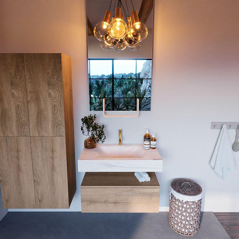 Mondiaz ALAN-DLUX Ensemble de meuble - 80cm - meuble Washed Oak mat - 1 tiroir - Lavabo Cloud Ostra suspendu - vasque Centre - 1 trou de robinet SW808929