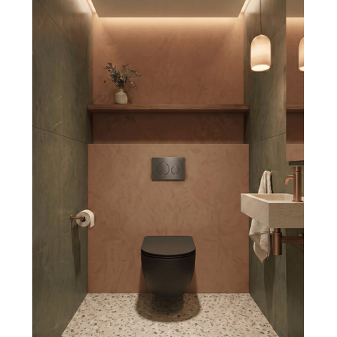 QeramiQ Dely Swirl Toiletset - 36.3x51.7cm - Geberit UP320 inbouwreservoir - met Burda frame - slim zitting - steel bedieningsplaat - ronde knoppen - mat zwart SW1130194