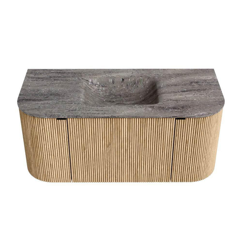 MONDIAZ KURVE-DLUX Meuble de salle de bains 100cm arrondi gauche + droite couleur chêne avec 1 tiroir et 2 portes. Lavabo GRUNNE central sans trou de robinet Oza. SW1432596