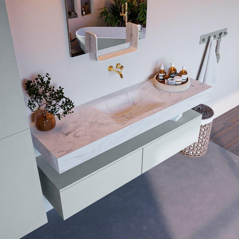 Mondiaz ALAN-DLUX Ensemble de meuble - 150cm - meuble Clay mat - 2 tiroirs - Lavabo Cloud Opalo suspendu - vasque Centre - 0 trous de robinet SW806860
