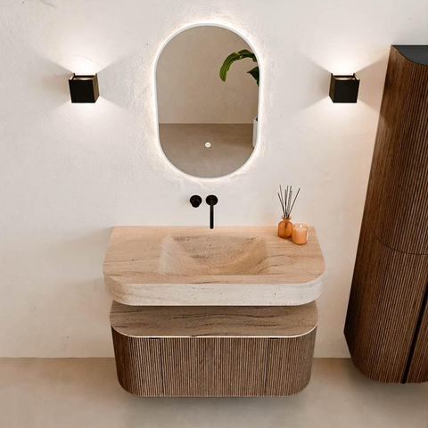 MONDIAZ THOR-DLUX 100cm badmeubel ronding links + rechts kleur Walnut met 1 lade en 2 deuren. Vrijhangende wastafel CLOUD Midden zonder kraangat kleur Saba. SW1467555