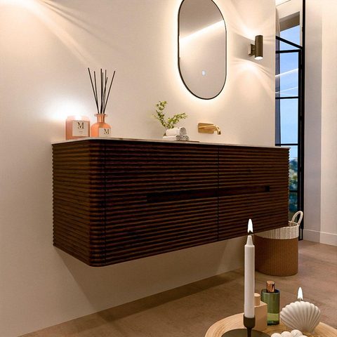 Mondiaz CIRO-DLUX Badkamermeubelset - 140x45x50cm - Solid surface wastafel Frappe - 1 wasbak Rechts - zonder kraangaten - 4 lades - Walnut SW1530357