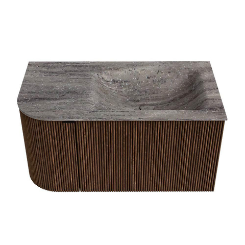 MONDIAZ KURVE-DLUX Meuble de salle de bains 85cm arrondi à gauche couleur Walnut avec 1 tiroir et 1 porte. Lavabo CLOUD à droite 1 trou de robinet Oza. SW1432710