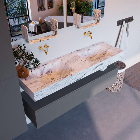 Mondiaz ALAN-DLUX Ensemble de meuble - 150cm - meuble Plata mat - 1 tiroir - Lavabo Cloud Glace suspendu - vasque Gauche et droite - 0 trous de robinet SW806260
