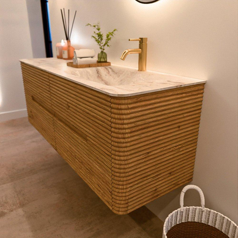 Mondiaz CIRO-DLUX Ensemble de meubles de salle de bains - 140x45x50cm - Vasque solid surface Frappe - 1 lavabo à droite - 1 trou de robinet - 4 tiroirs - Chêne SW1530878