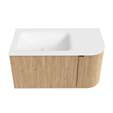 MONDIAZ KURVE Meuble de salle de bains 85 cm avec module 25 R couleur Oak avec 1 tiroir et 1 porte. Lavabo CLOUD gauche sans trou de robinet Talc. SW1138174