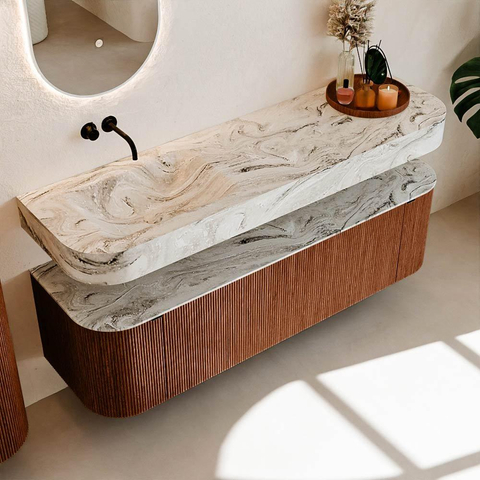 MONDIAZ THOR-DLUX 160cm meuble de salle de bains arrondi gauche + droite couleur Ruby avec 1 tiroir et 2 portes. Vasque suspendue CLOUD Gauche sans trou de robinet couleur Glace. SW1465168