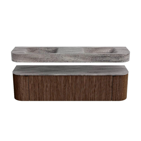 MONDIAZ THOR-DLUX 170cm badmeubel ronding links + rechts kleur Walnut met 1 lade en 2 deuren. Vrijhangende wastafel CLOUD Dubbel zonder kraangat kleur Oza. SW1465671