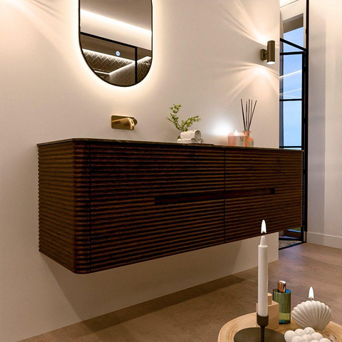 Mondiaz CIRO-DLUX Badkamermeubelset - 160x45x50cm - Solid surface wastafel Lava - 1 wasbak Links - zonder kraangaten - 4 lades - Walnut SW1530231