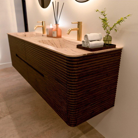 Mondiaz CIRO-DLUX Badkamermeubelset - 170x45x50cm - Solid surface wastafel Arena - 2 wasbak Dubbel - 2 kraangaten - 4 lades - Walnut SW1530488