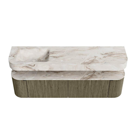 MONDIAZ THOR-DLUX 180cm meuble de salle de bains arrondi gauche + droite couleur Shadow avec 2 tiroirs et 2 portes. Vasque suspendue CLOUD Gauche 1 trou de robinet couleur Frappe. SW1466068