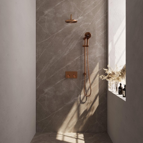 BRAUER Copper Edition Thermostatische Regendouche inbouw - drukknoppen - SET 69 - 20cm hoofddouche - gebogen muurarm - 3 standen handdouche - doucheslang - geïntegreerde glijstang - koper geborsteld PVD SW925608