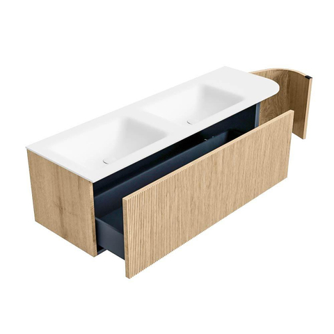 MONDIAZ KURVE Meuble de salle de bains 145 cm avec module 25 R couleur Oak avec 1 tiroir et 1 porte. Lavabo CLOUD double / gauche sans trou de robinet Talc. SW1138221